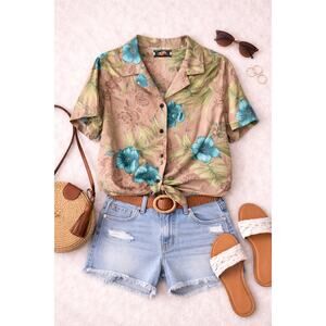 La Cabana Women's Floral Button-Up Short Sleeve Shirt Multicolor Rayon Size XLP